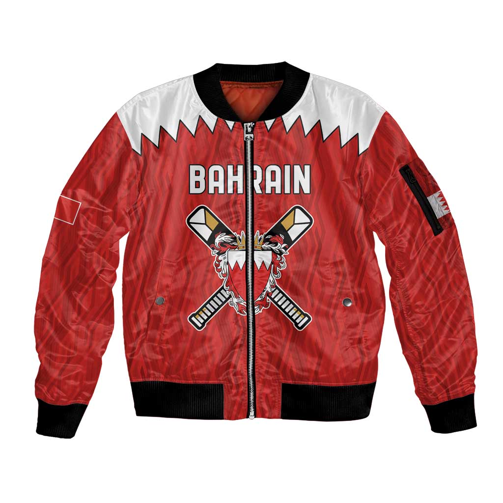 Custom Bahrain Cricket Sleeve Zip Bomber Jacket Coat of arms of Bahrain with Sporty Pattern - Wonder Print Shop