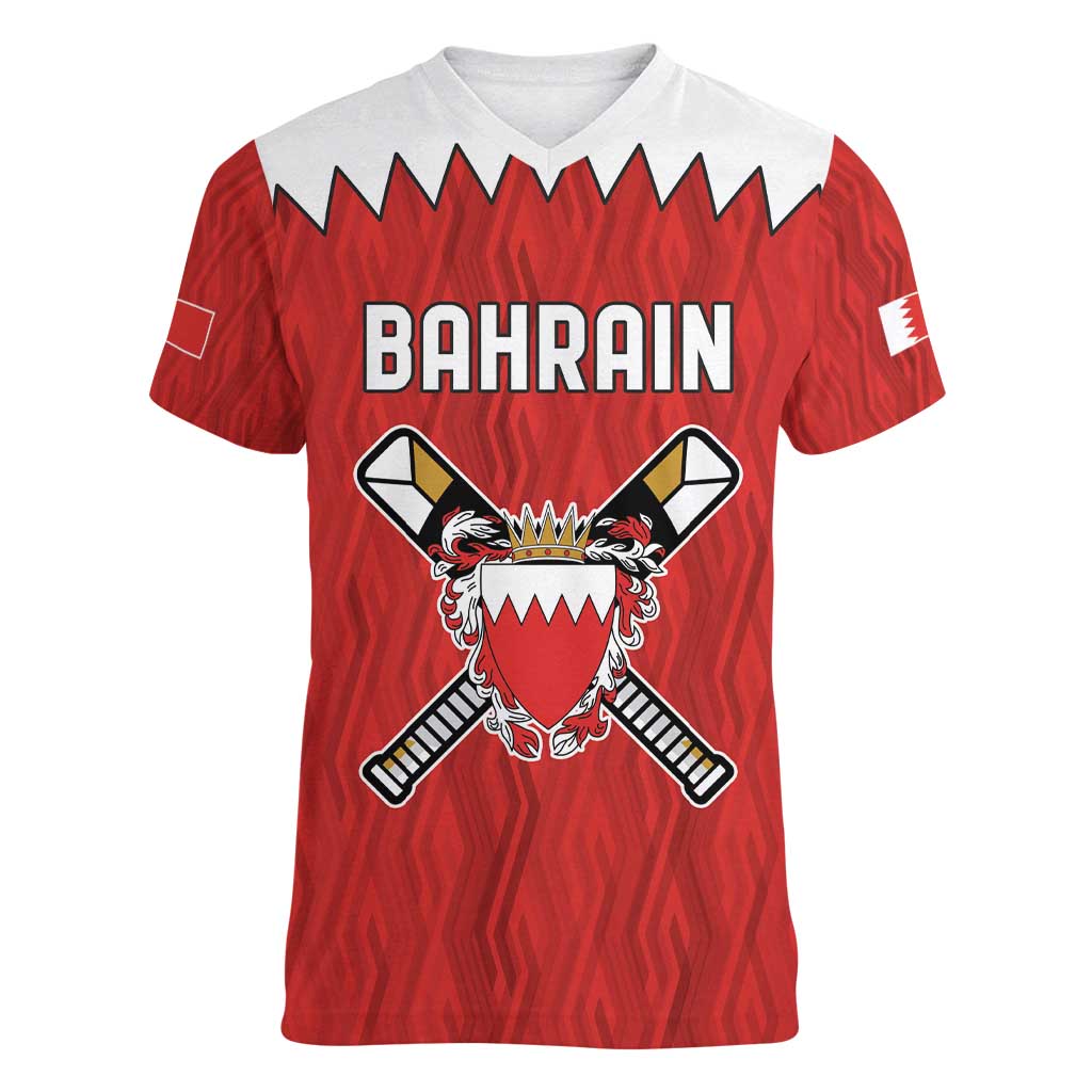 Custom Bahrain Cricket Women V-Neck T-Shirt Coat of arms of Bahrain with Sporty Pattern - Wonder Print Shop