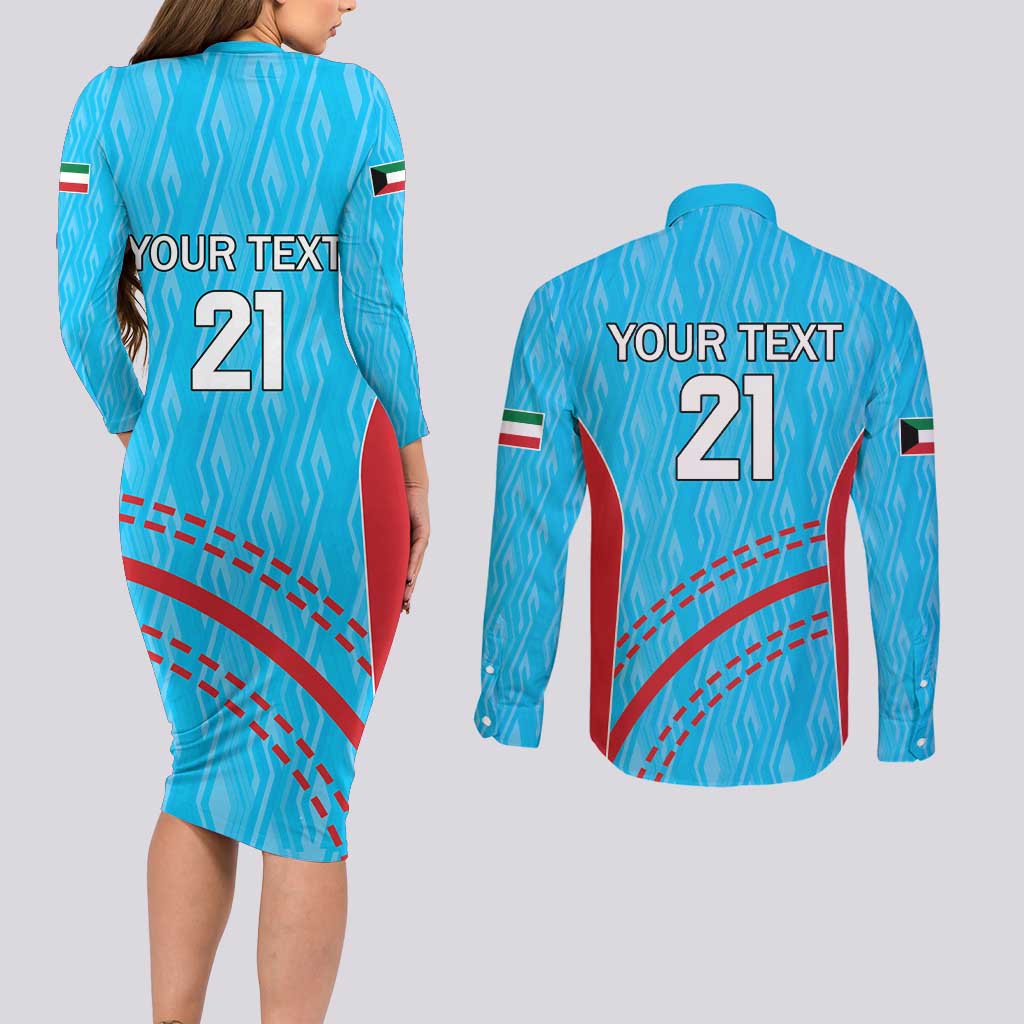 Custom Kuwait Cricket Couples Matching Long Sleeve Bodycon Dress and Long Sleeve Button Shirt Kuwayt Sporty Pattern LT9 - Wonder Print Shop