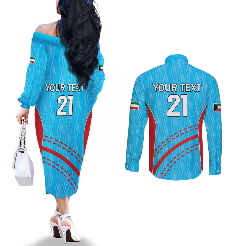 Custom Kuwait Cricket Couples Matching Off The Shoulder Long Sleeve Dress and Long Sleeve Button Shirt Kuwayt Sporty Pattern