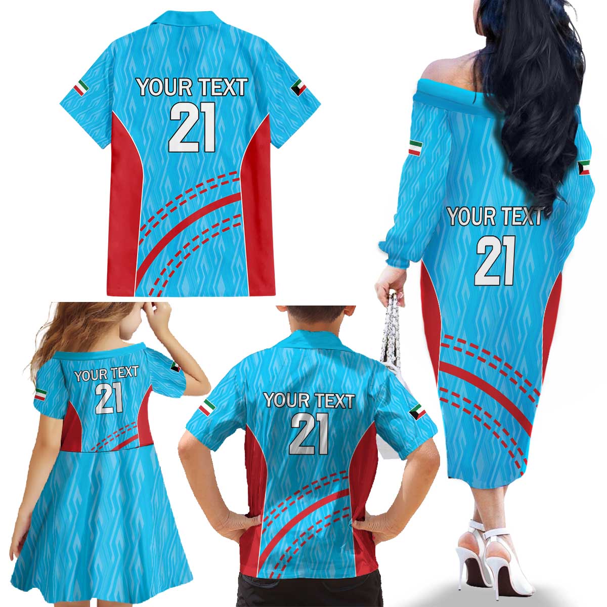 Custom Kuwait Cricket Family Matching Off The Shoulder Long Sleeve Dress and Hawaiian Shirt Kuwayt Sporty Pattern - Wonder Print Shop