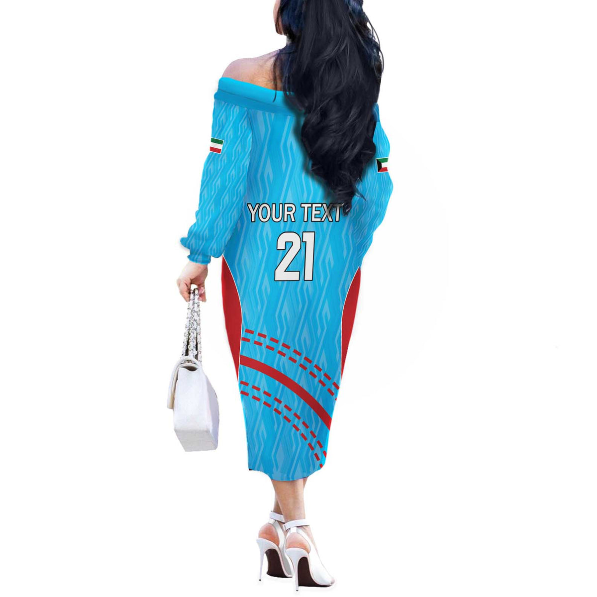Custom Kuwait Cricket Off The Shoulder Long Sleeve Dress Kuwayt Sporty Pattern - Wonder Print Shop