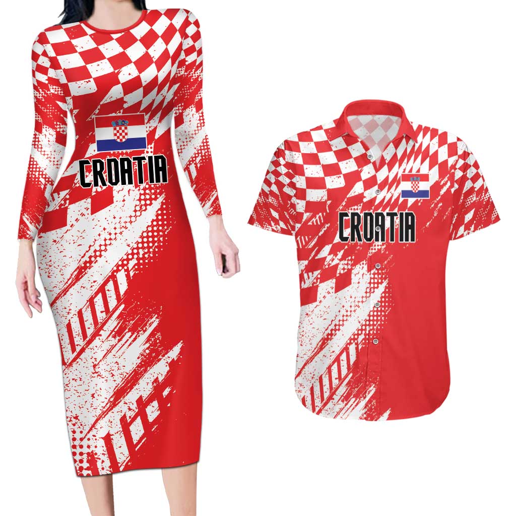 Croatia Rugby Custom Couples Matching Long Sleeve Bodycon Dress and Hawaiian Shirt Chessboard with Sporty Pattern LT9 - Wonder Print Shop