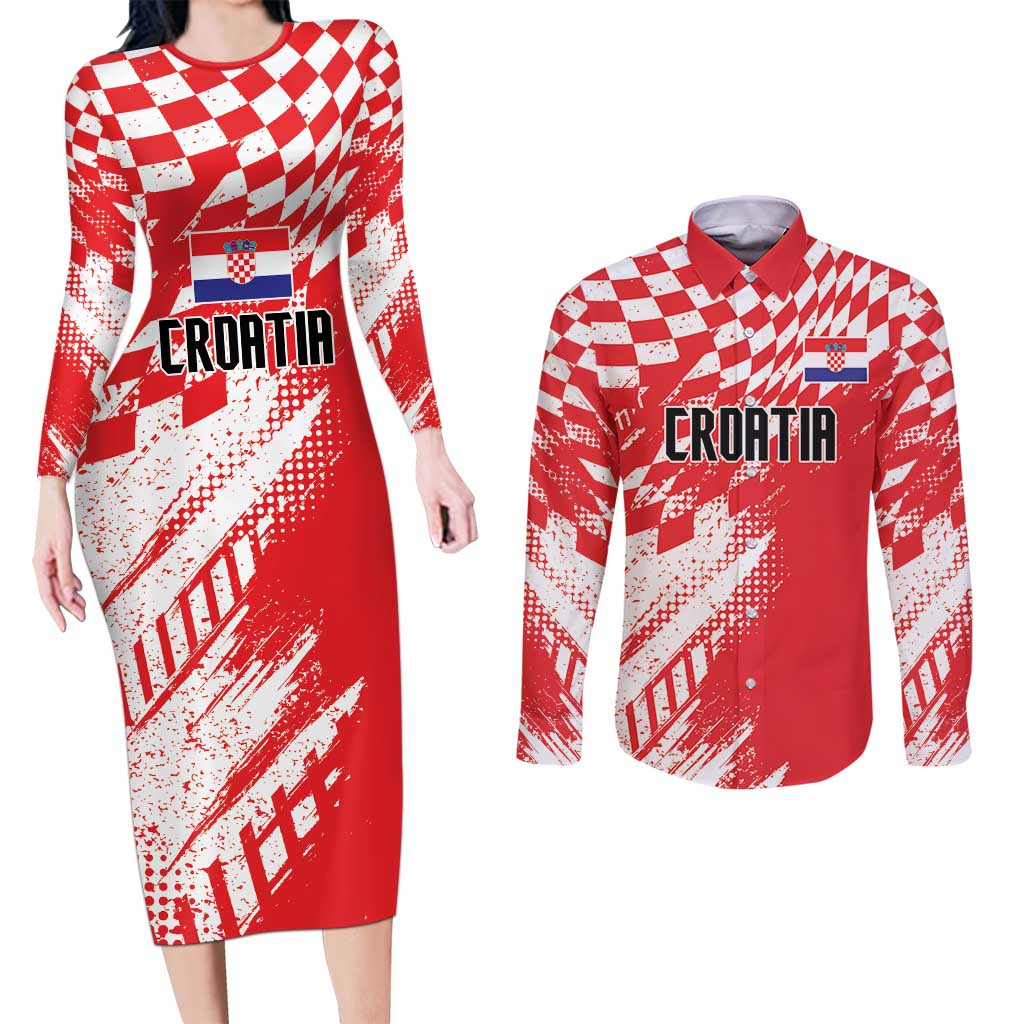 Croatia Rugby Custom Couples Matching Long Sleeve Bodycon Dress and Long Sleeve Button Shirt Chessboard with Sporty Pattern LT9 - Wonder Print Shop