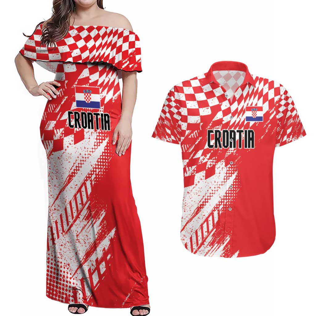 Croatia Rugby Custom Couples Matching Off Shoulder Maxi Dress and Hawaiian Shirt Chessboard with Sporty Pattern LT9 - Wonder Print Shop