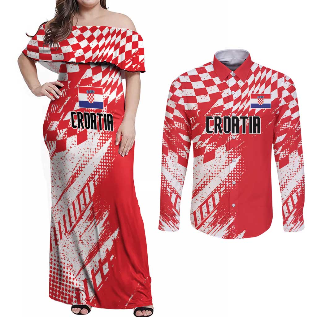 Croatia Rugby Custom Couples Matching Off Shoulder Maxi Dress and Long Sleeve Button Shirt Chessboard with Sporty Pattern LT9 - Wonder Print Shop