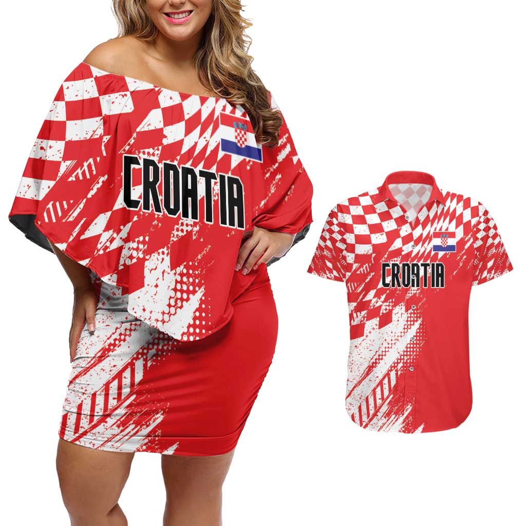 Croatia Rugby Custom Couples Matching Off Shoulder Short Dress and Hawaiian Shirt Chessboard with Sporty Pattern LT9 - Wonder Print Shop