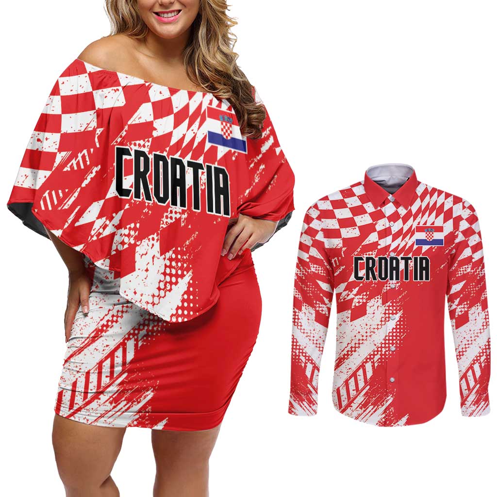 Croatia Rugby Custom Couples Matching Off Shoulder Short Dress and Long Sleeve Button Shirt Chessboard with Sporty Pattern LT9 - Wonder Print Shop
