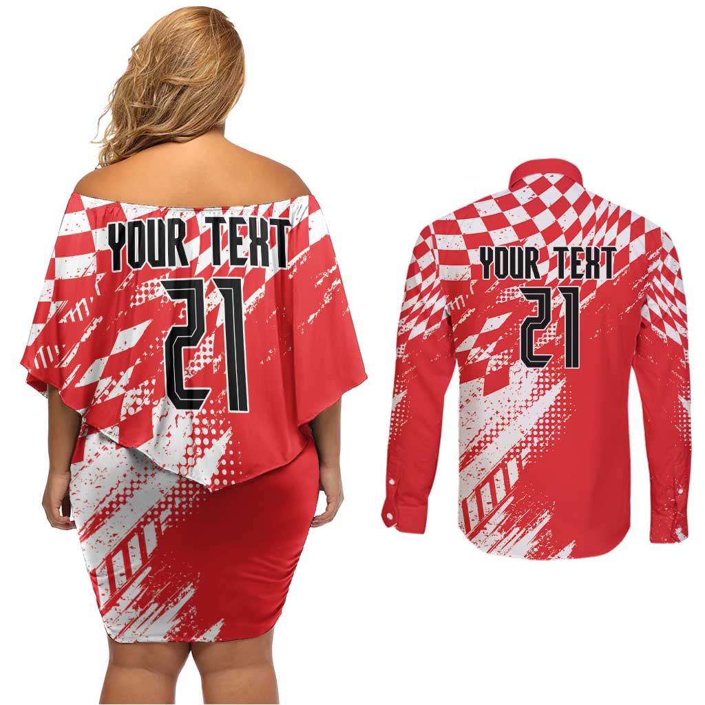 Croatia Rugby Custom Couples Matching Off Shoulder Short Dress and Long Sleeve Button Shirt Chessboard with Sporty Pattern LT9 - Wonder Print Shop