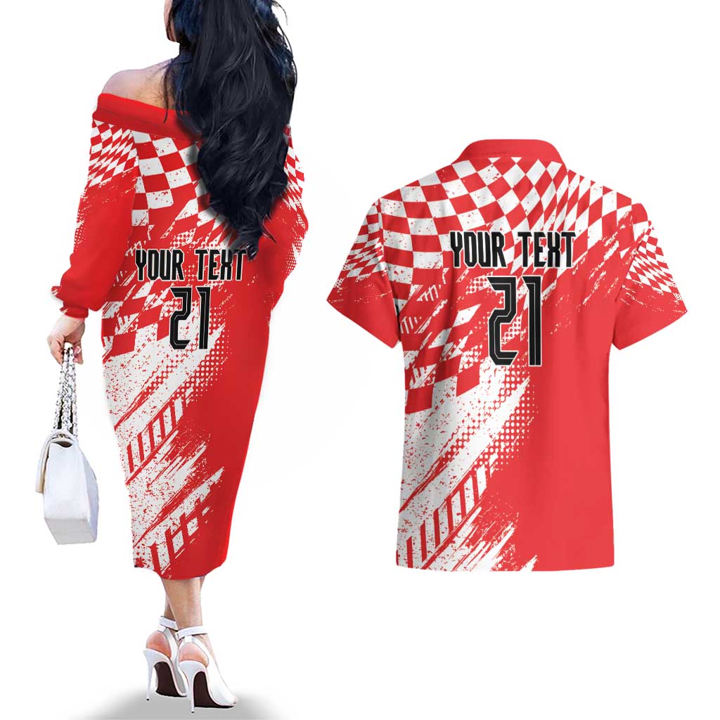 Croatia Rugby Custom Couples Matching Off The Shoulder Long Sleeve Dress and Hawaiian Shirt Chessboard with Sporty Pattern LT9 - Wonder Print Shop