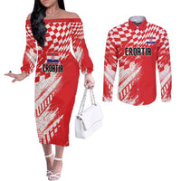 Croatia Rugby Custom Couples Matching Off The Shoulder Long Sleeve Dress and Long Sleeve Button Shirt Chessboard with Sporty Pattern