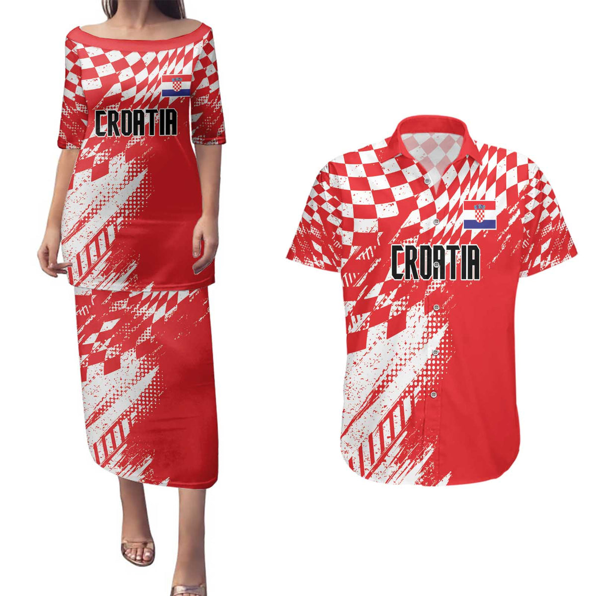 Croatia Rugby Custom Couples Matching Puletasi and Hawaiian Shirt Chessboard with Sporty Pattern LT9 - Wonder Print Shop