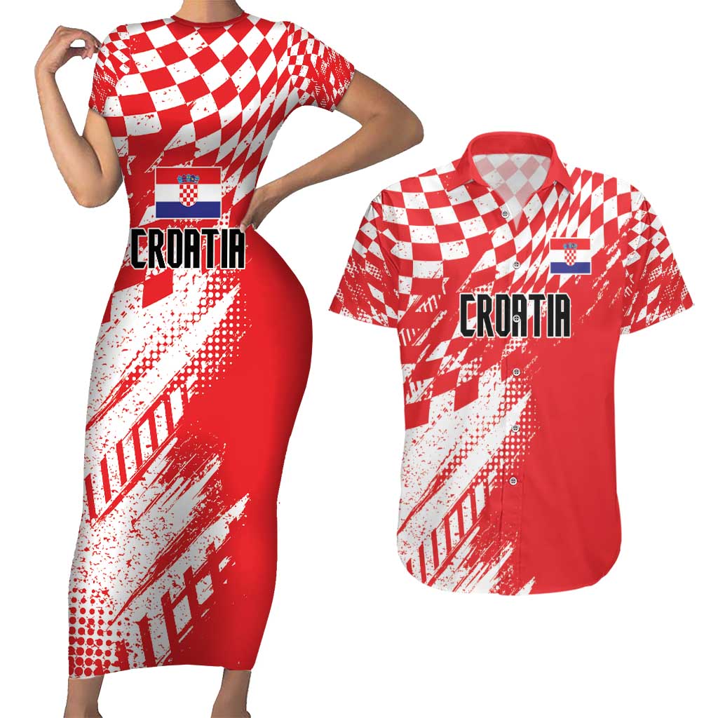 Croatia Rugby Custom Couples Matching Short Sleeve Bodycon Dress and Hawaiian Shirt Chessboard with Sporty Pattern LT9 - Wonder Print Shop