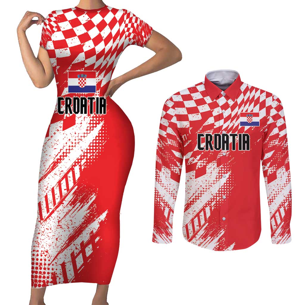 Croatia Rugby Custom Couples Matching Short Sleeve Bodycon Dress and Long Sleeve Button Shirt Chessboard with Sporty Pattern LT9 - Wonder Print Shop