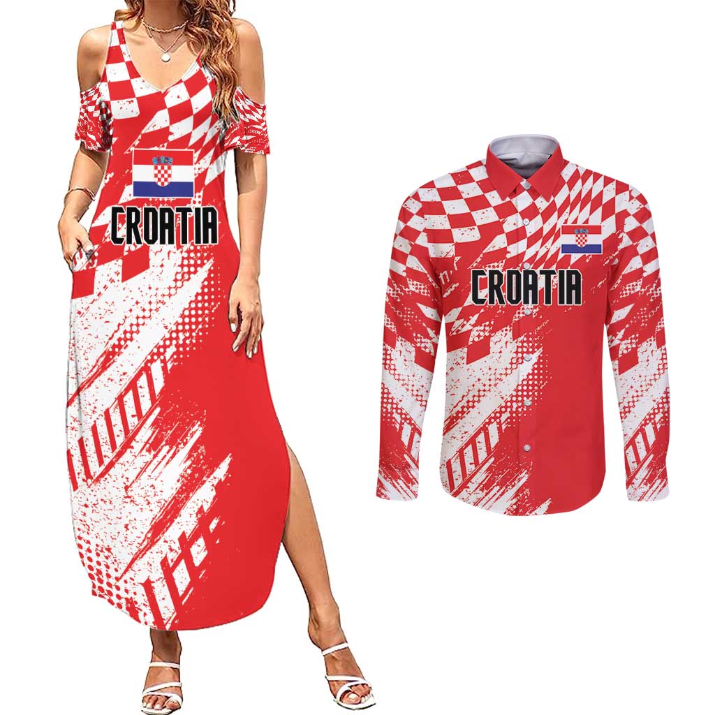 Croatia Rugby Custom Couples Matching Summer Maxi Dress and Long Sleeve Button Shirt Chessboard with Sporty Pattern LT9 - Wonder Print Shop