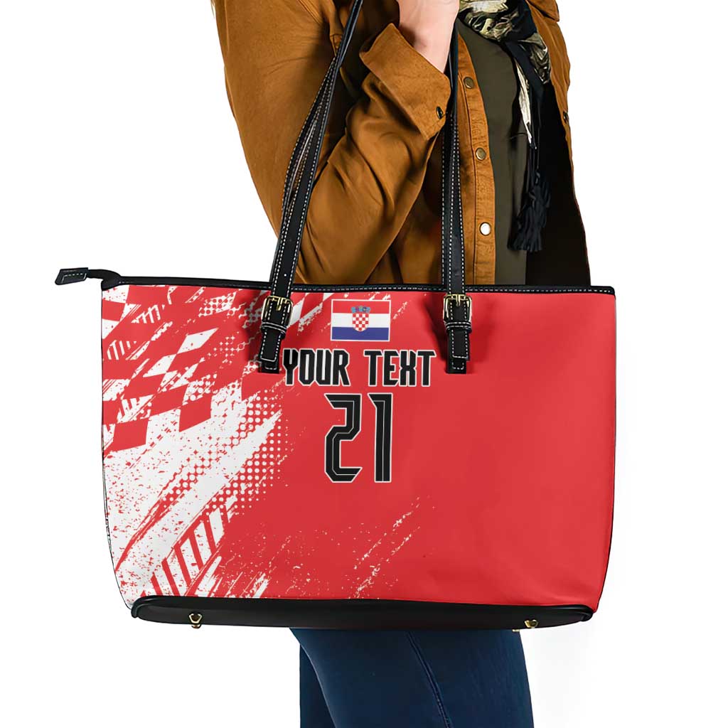 Croatia Rugby Custom Leather Tote Bag Chessboard with Sporty Pattern - Wonder Print Shop