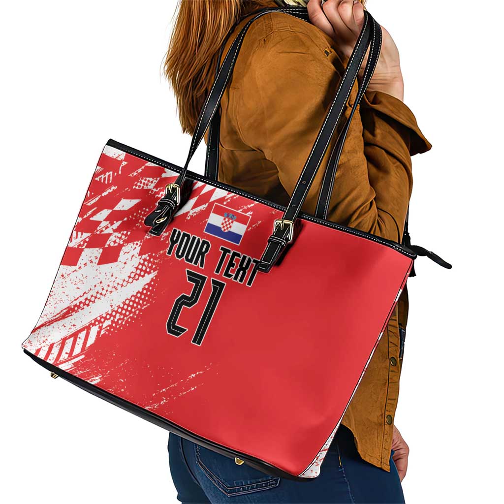 Croatia Rugby Custom Leather Tote Bag Chessboard with Sporty Pattern - Wonder Print Shop