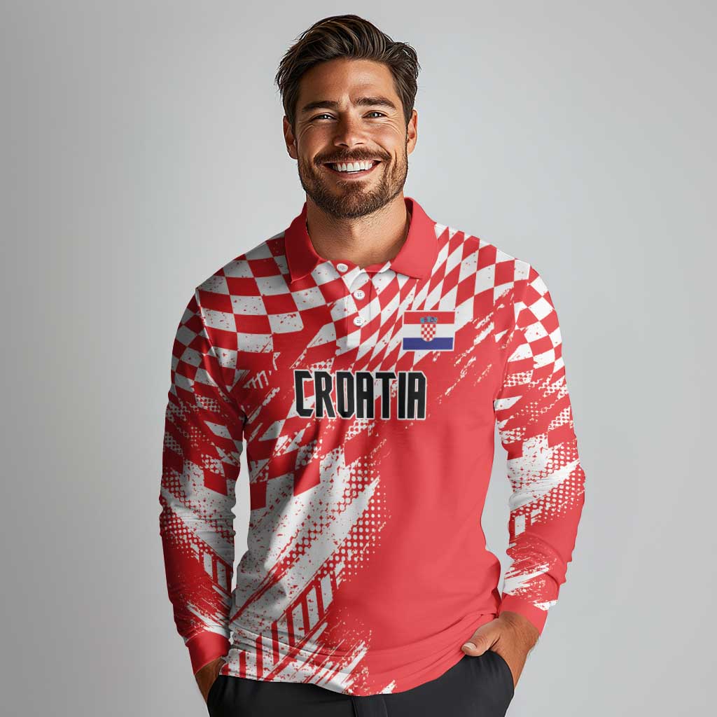 Croatia Rugby Custom Long Sleeve Polo Shirt Chessboard with Sporty Pattern - Wonder Print Shop