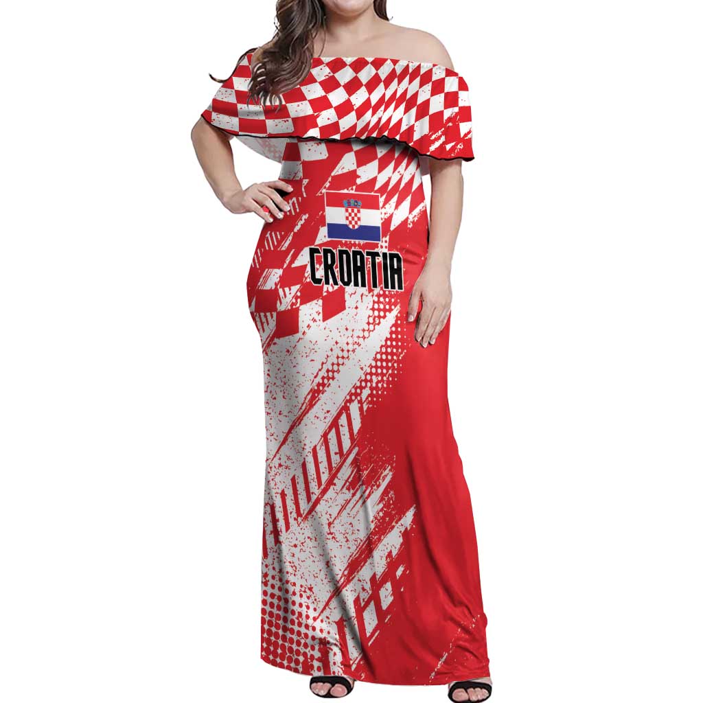 Croatia Rugby Custom Off Shoulder Maxi Dress Chessboard with Sporty Pattern - Wonder Print Shop