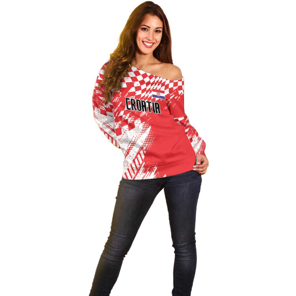 Croatia Rugby Custom Off Shoulder Sweater Chessboard with Sporty Pattern - Wonder Print Shop