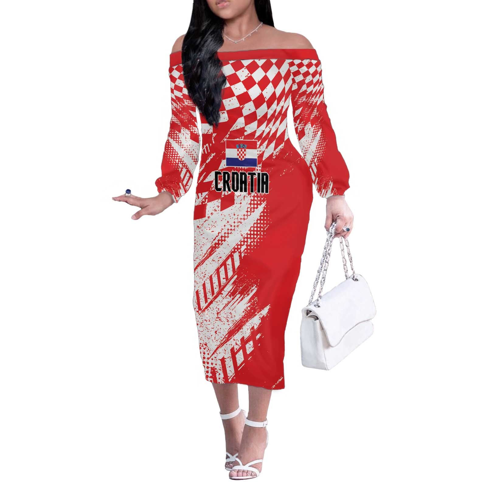 Croatia Rugby Custom Off The Shoulder Long Sleeve Dress Chessboard with Sporty Pattern - Wonder Print Shop