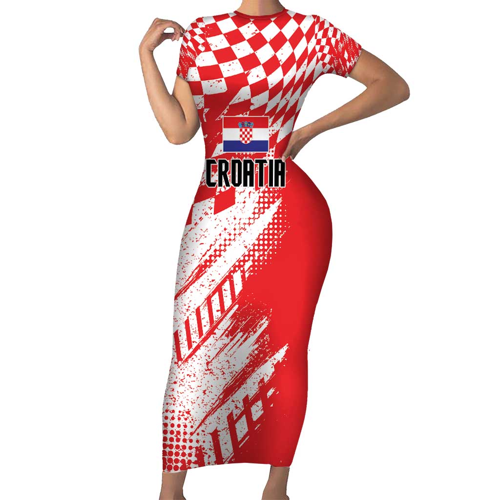 Croatia Rugby Custom Short Sleeve Bodycon Dress Chessboard with Sporty Pattern - Wonder Print Shop