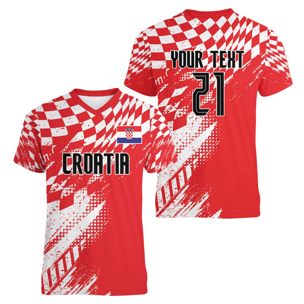 Croatia Rugby Custom Women V-Neck T-Shirt Chessboard with Sporty Pattern - Wonder Print Shop