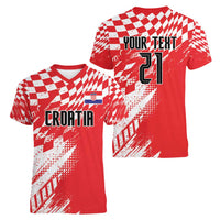 Croatia Rugby Custom Women V-Neck T-Shirt Chessboard with Sporty Pattern - Wonder Print Shop