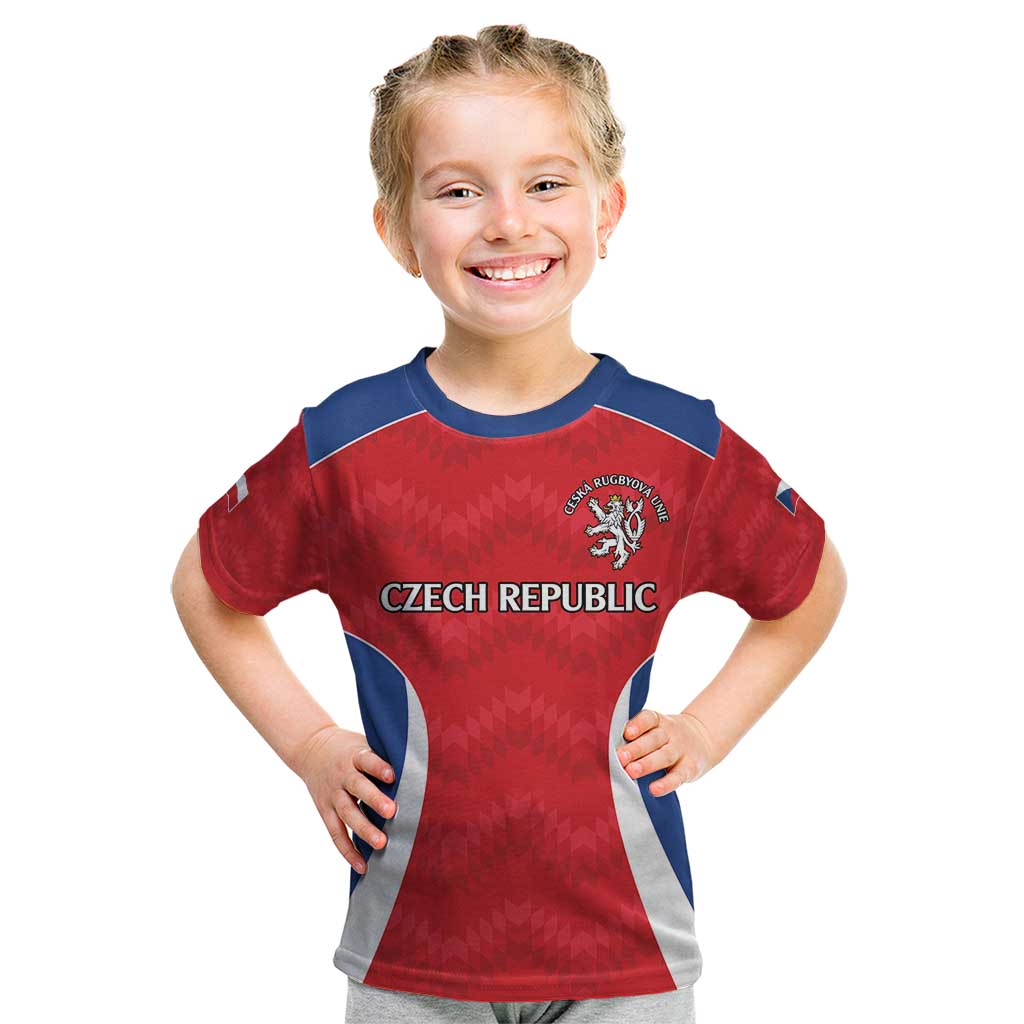 Czech Republic Rugby Custom Kid T Shirt Silver Double-tailed Lion Sporty Pattern - Wonder Print Shop