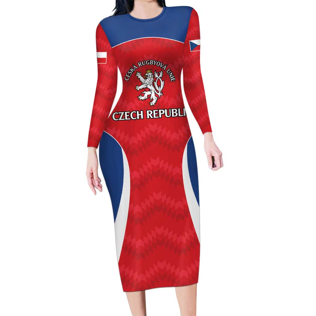 Czech Republic Rugby Custom Long Sleeve Bodycon Dress Silver Double-tailed Lion Sporty Pattern - Wonder Print Shop