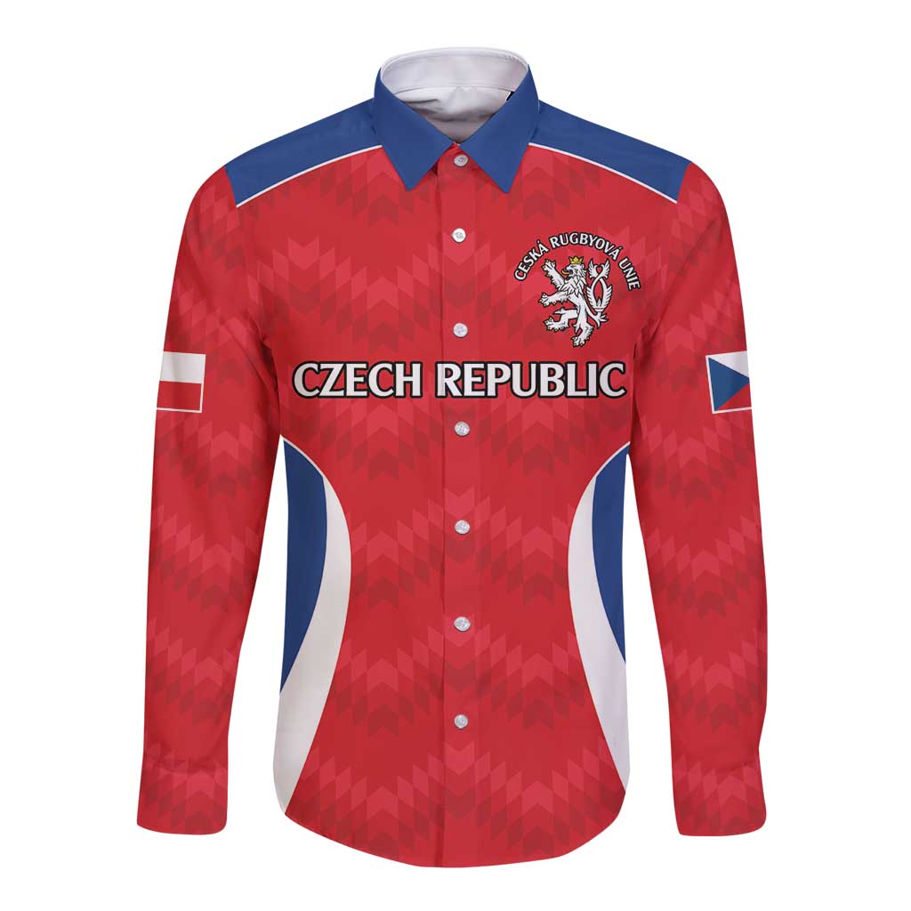 Czech Republic Rugby Custom Long Sleeve Button Shirt Silver Double-tailed Lion Sporty Pattern - Wonder Print Shop