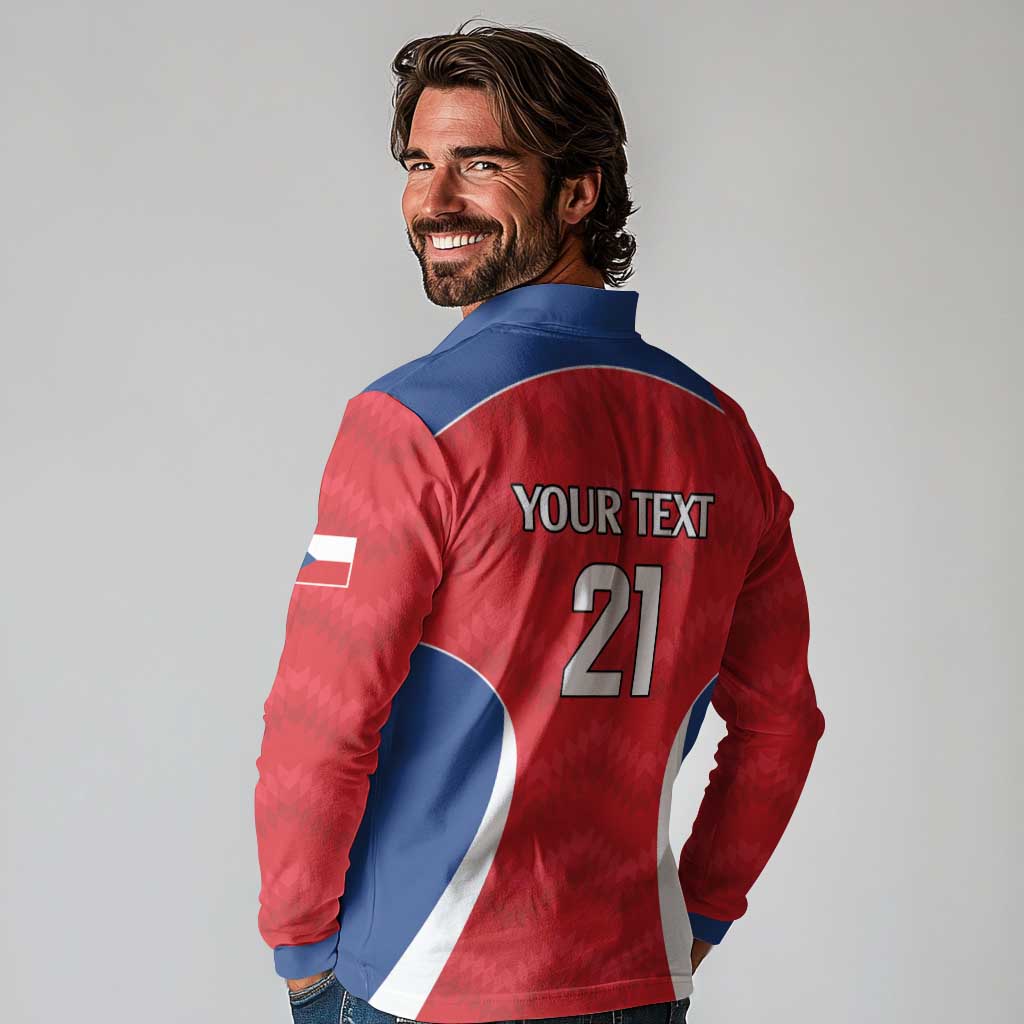 Czech Republic Rugby Custom Long Sleeve Polo Shirt Silver Double-tailed Lion Sporty Pattern - Wonder Print Shop