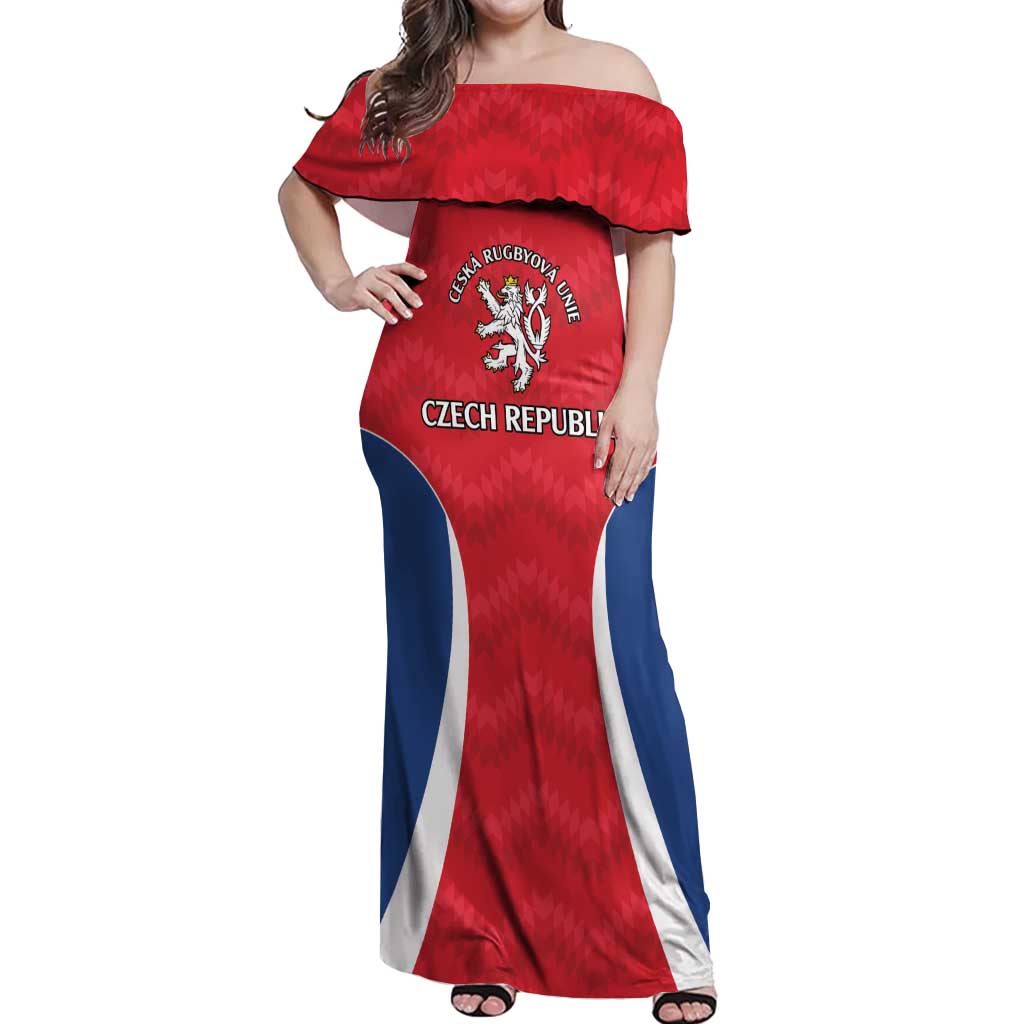 Czech Republic Rugby Custom Off Shoulder Maxi Dress Silver Double-tailed Lion Sporty Pattern - Wonder Print Shop