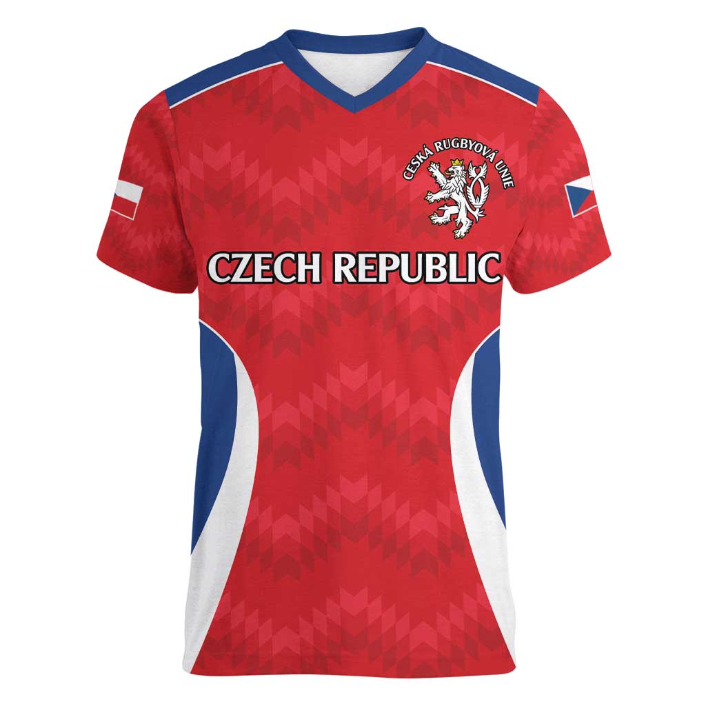 Czech Republic Rugby Custom Women V-Neck T-Shirt Silver Double-tailed Lion Sporty Pattern - Wonder Print Shop