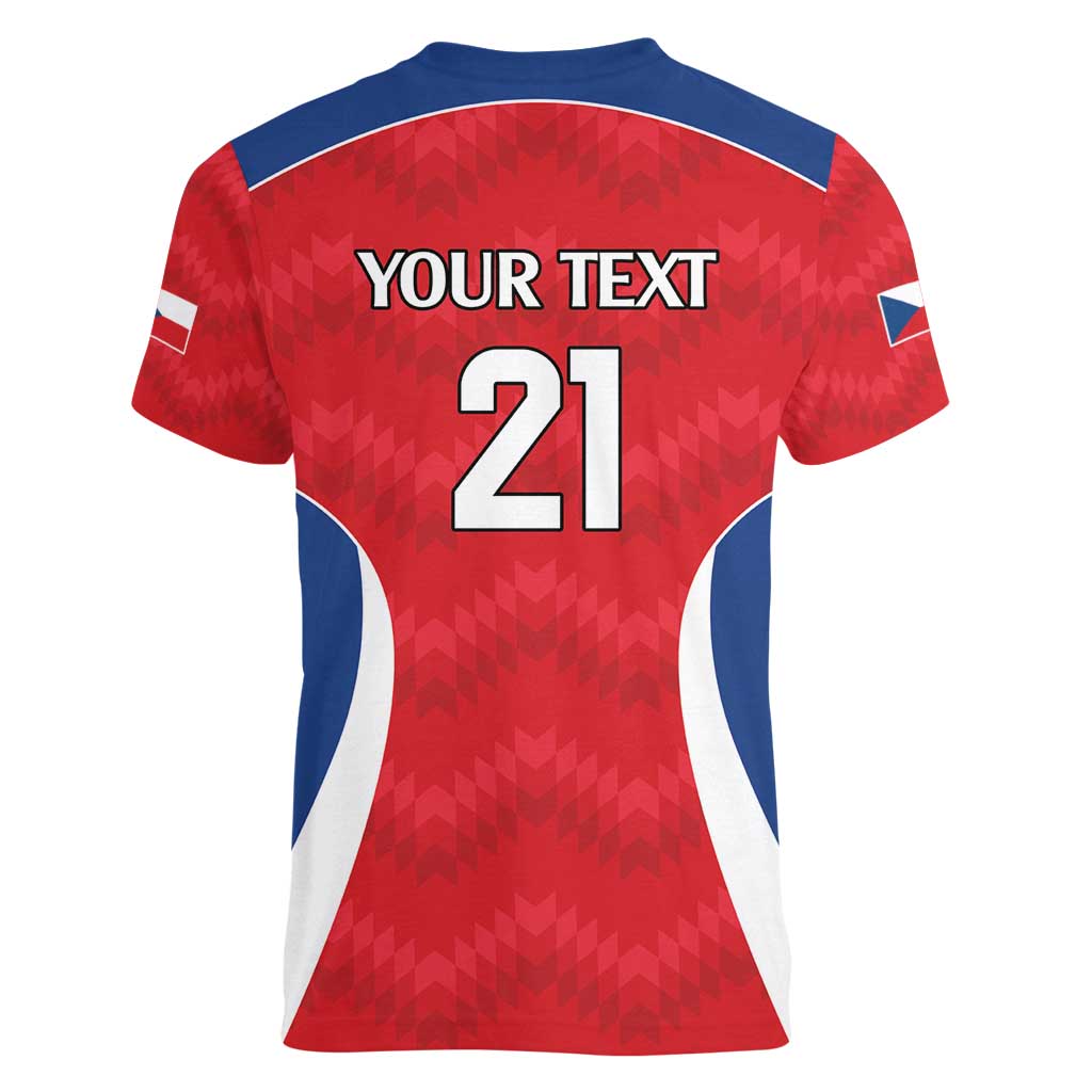 Czech Republic Rugby Custom Women V-Neck T-Shirt Silver Double-tailed Lion Sporty Pattern - Wonder Print Shop