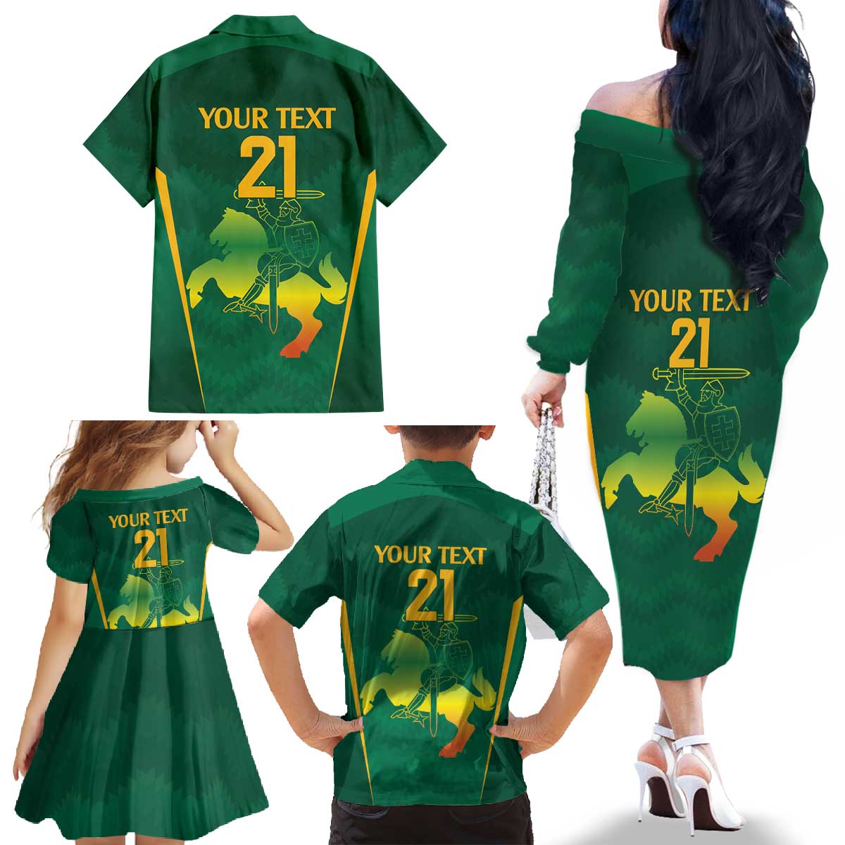 Lithuania Rugby Custom Family Matching Off The Shoulder Long Sleeve Dress and Hawaiian Shirt Lietuvos Nacionaline Regbio Sąjungos Komanda - Wonder Print Shop