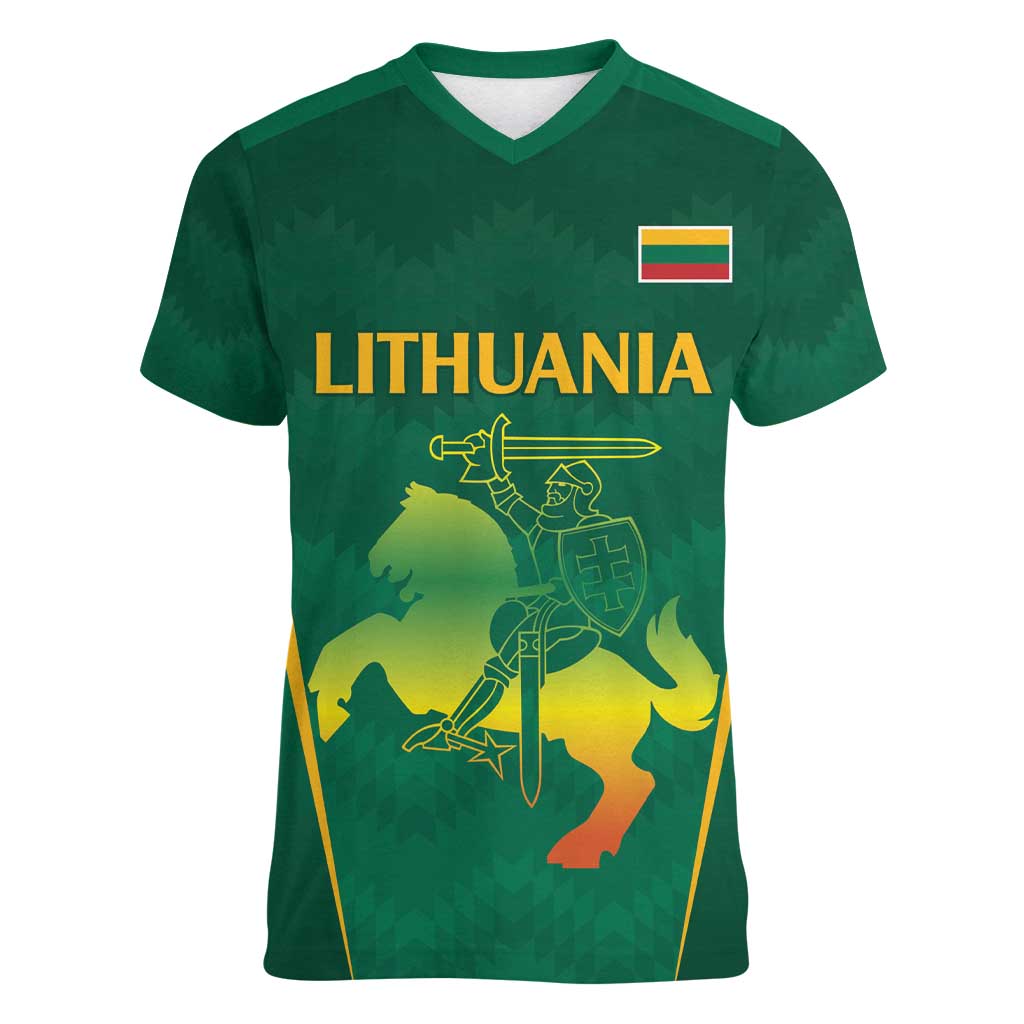 Lithuania Rugby Custom Women V-Neck T-Shirt Lietuvos Nacionaline Regbio Sąjungos Komanda - Wonder Print Shop
