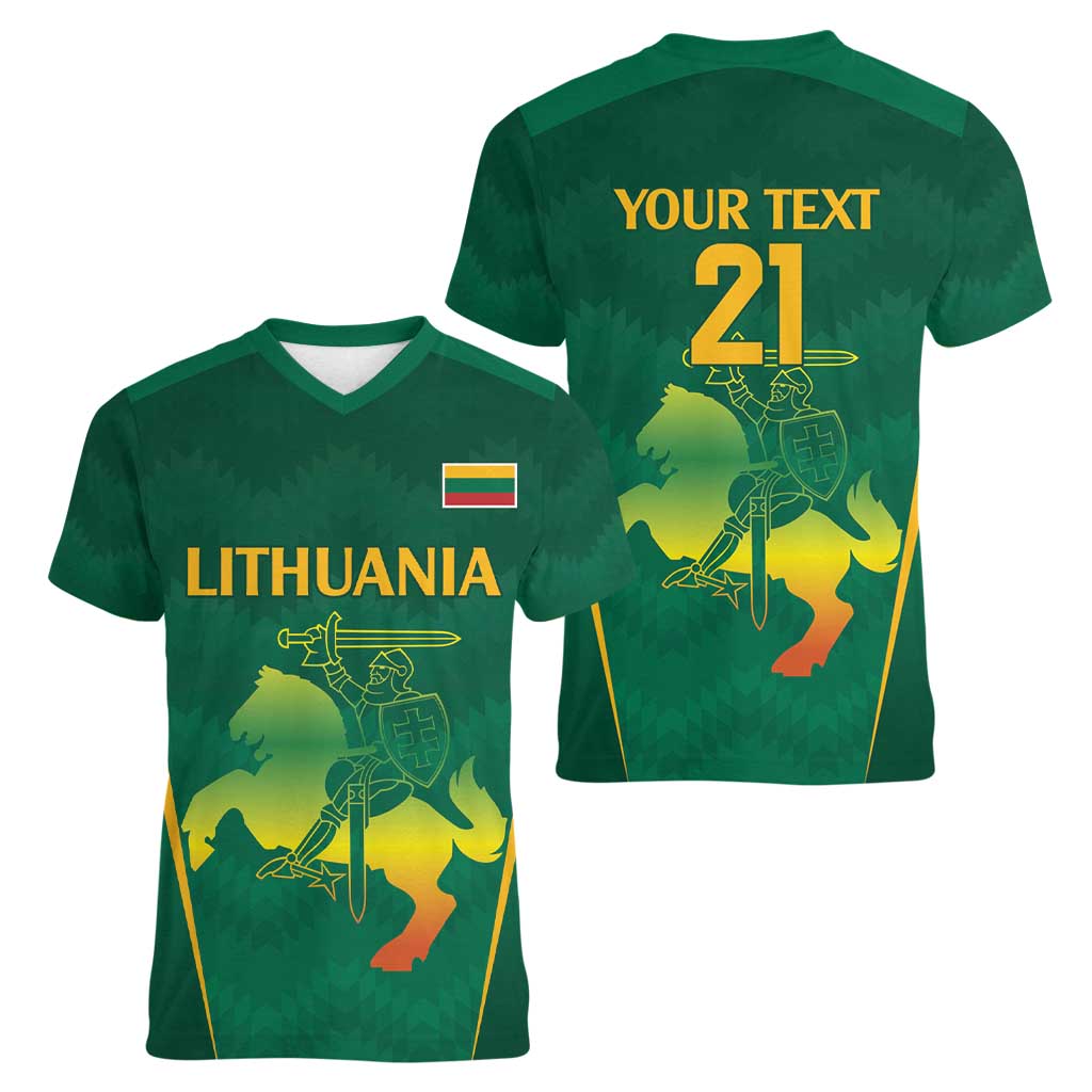 Lithuania Rugby Custom Women V-Neck T-Shirt Lietuvos Nacionaline Regbio Sąjungos Komanda - Wonder Print Shop