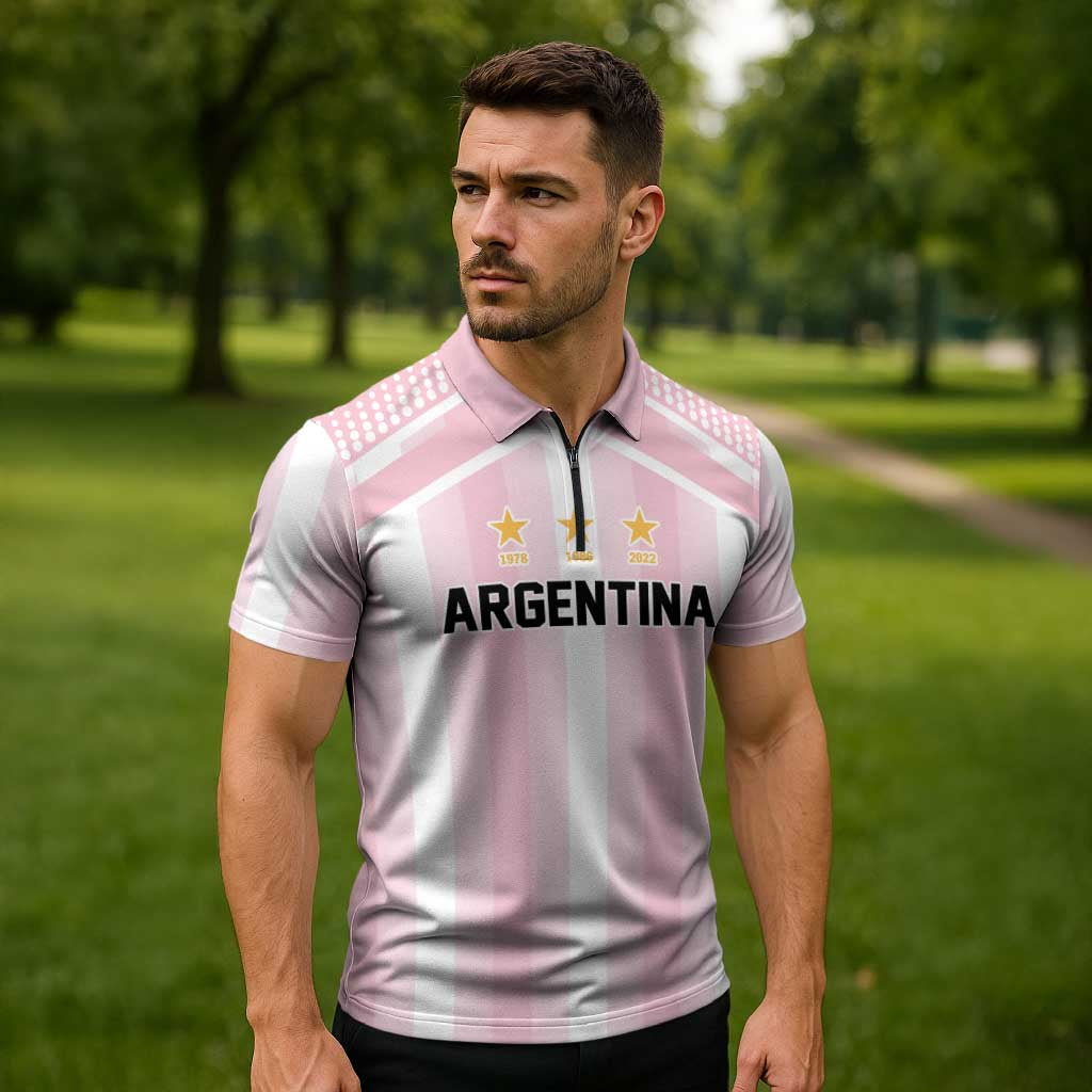 Vamos Argentina WC26 Custom Zipper Polo Shirt Vamos Argentina History Champions Pink - Wonder Print Shop