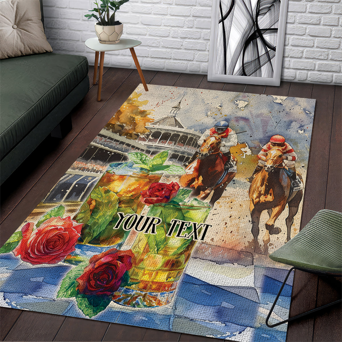 Personalized Kentucky Horse Race Area Rug With Mint Julep Cocktail