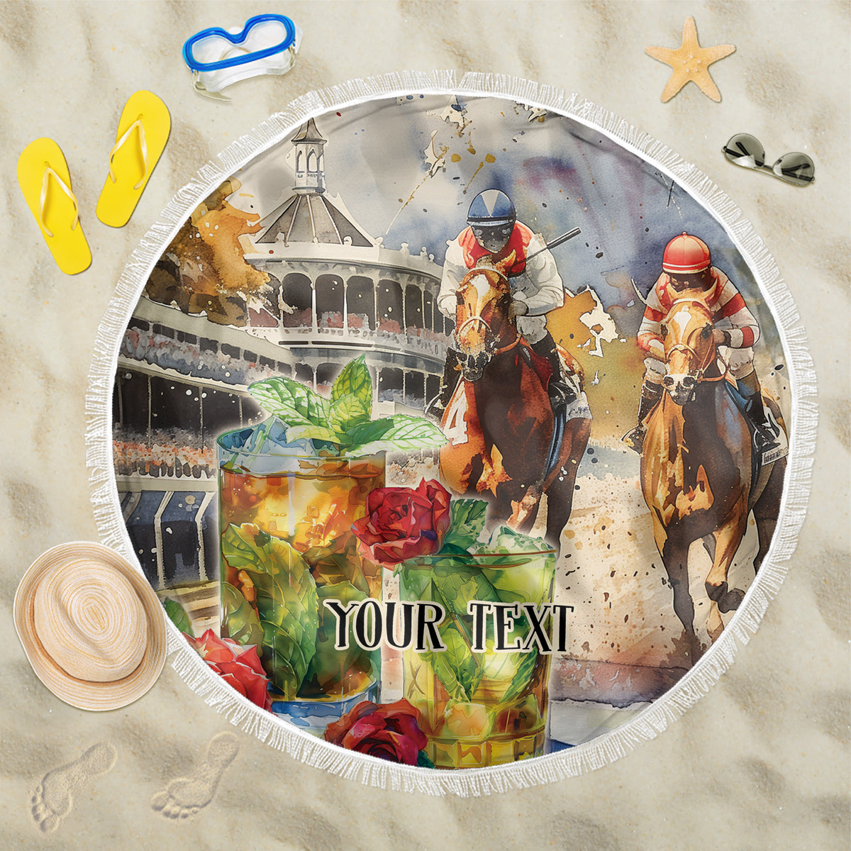 Personalized Kentucky Horse Race Beach Blanket With Mint Julep Cocktail LT9 - Wonder Print Shop