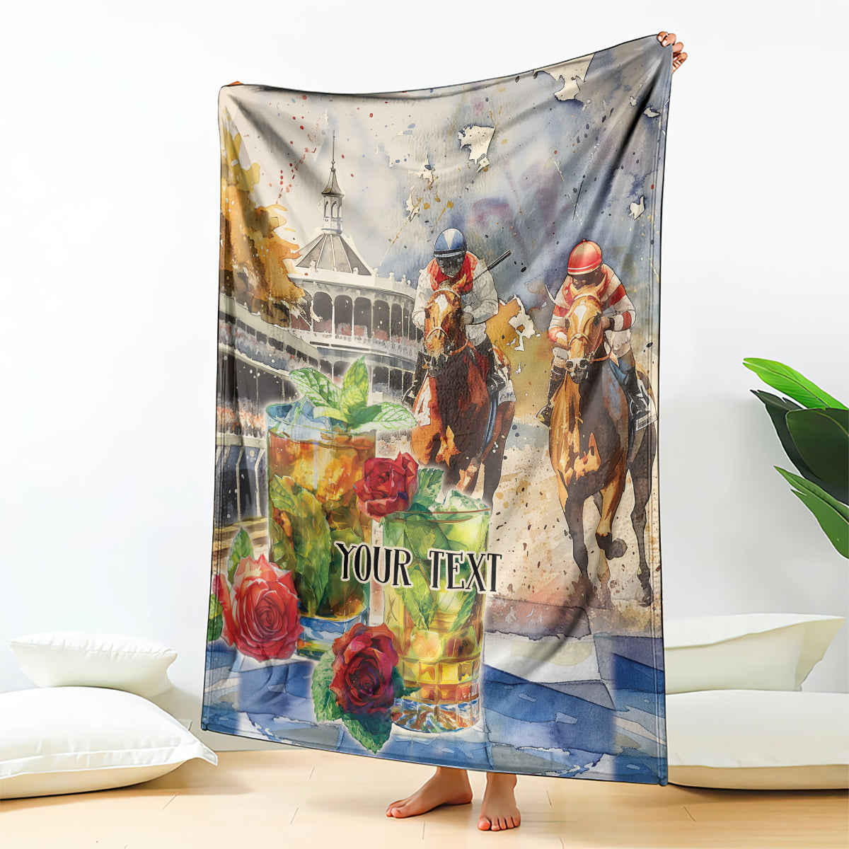 Personalized Kentucky Horse Race Blanket With Mint Julep Cocktail