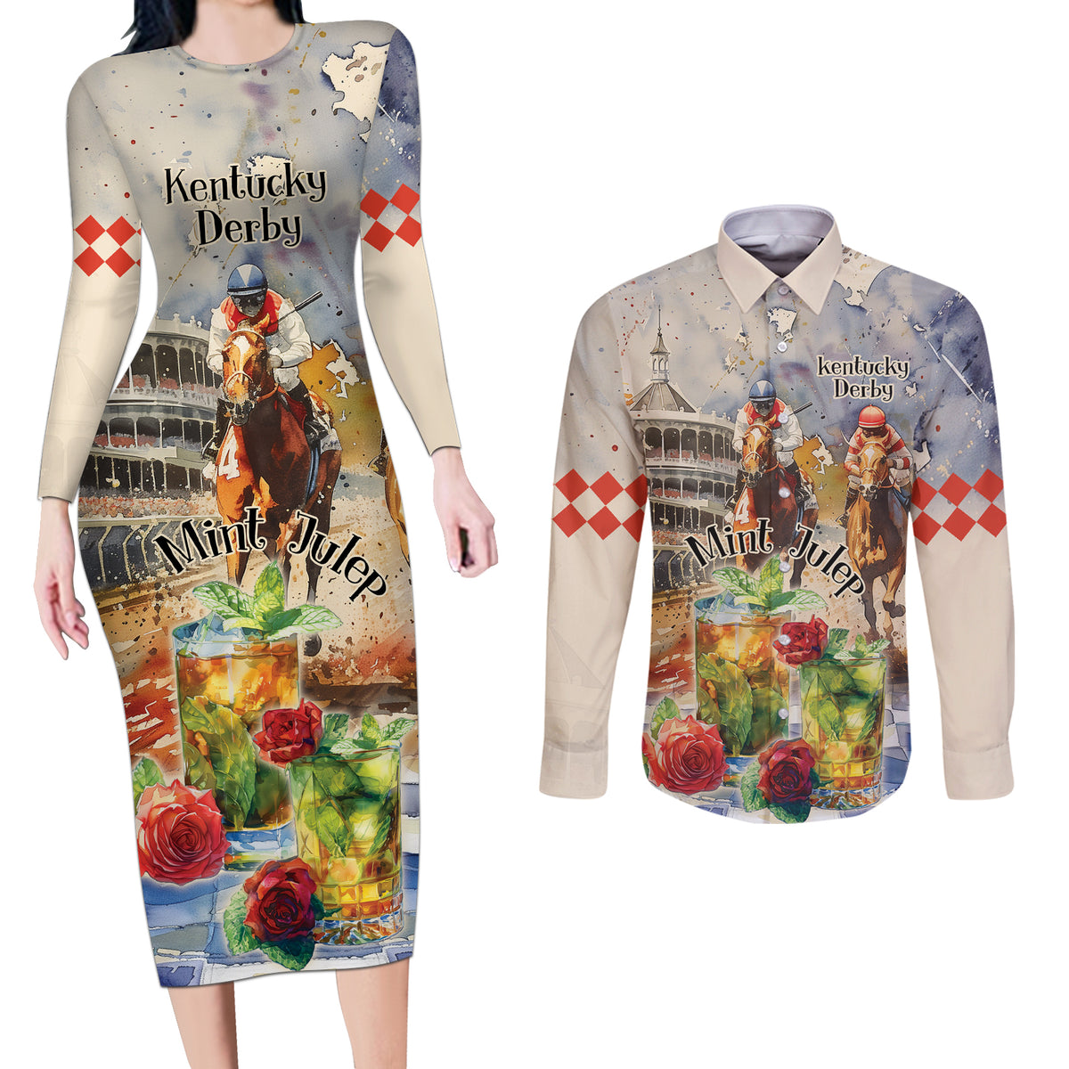 Personalized Kentucky Horse Race Couples Matching Long Sleeve Bodycon Dress and Long Sleeve Button Shirt With Mint Julep Cocktail LT9 - Wonder Print Shop
