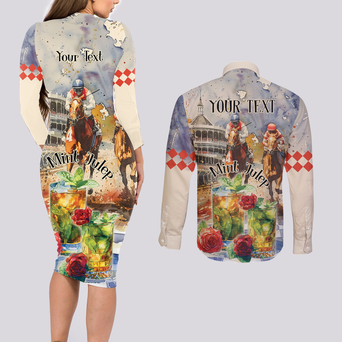 Personalized Kentucky Horse Race Couples Matching Long Sleeve Bodycon Dress and Long Sleeve Button Shirt With Mint Julep Cocktail LT9 - Wonder Print Shop
