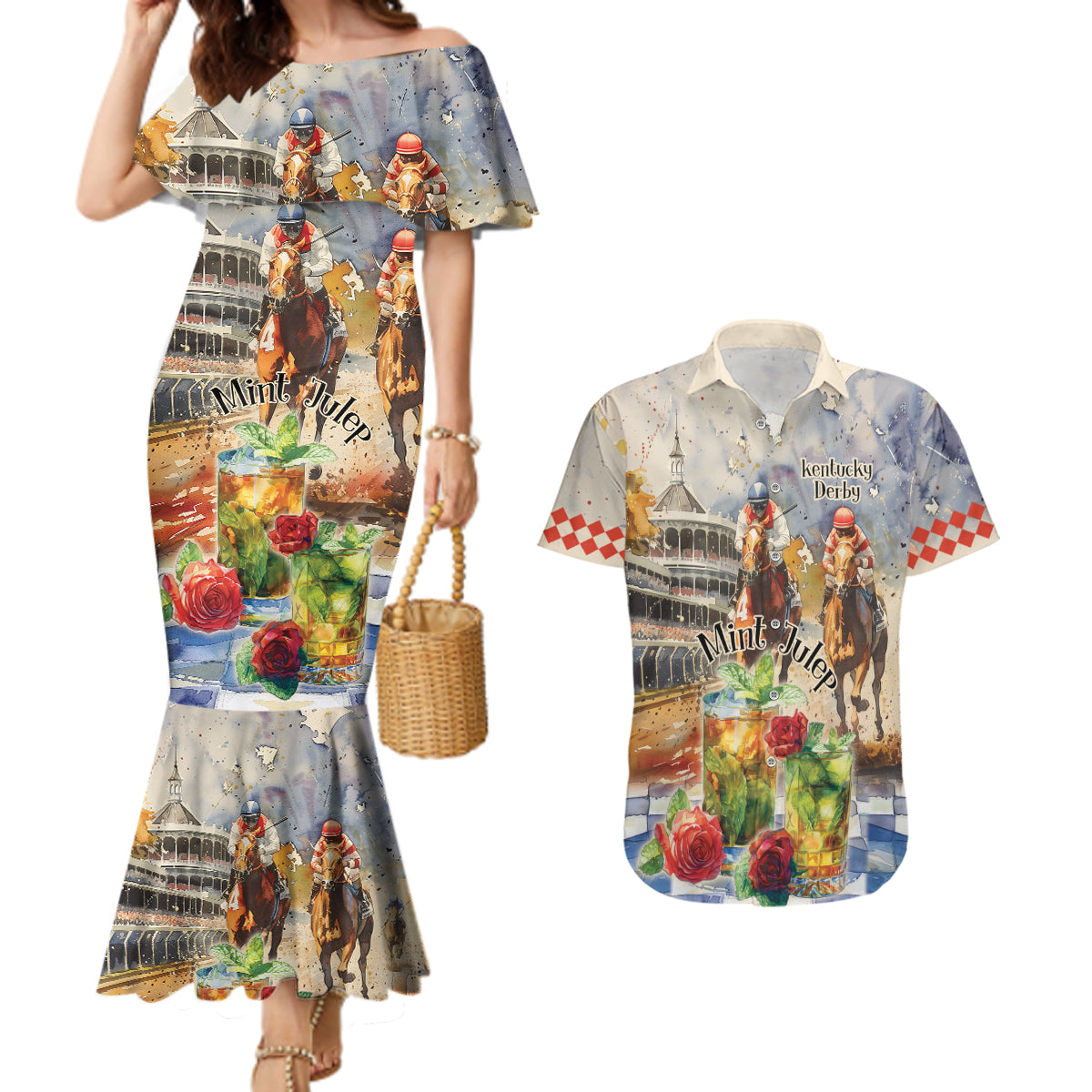 Personalized Kentucky Horse Race Couples Matching Mermaid Dress and Hawaiian Shirt With Mint Julep Cocktail LT9 - Wonder Print Shop