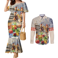 Personalized Kentucky Horse Race Couples Matching Mermaid Dress and Long Sleeve Button Shirt With Mint Julep Cocktail
