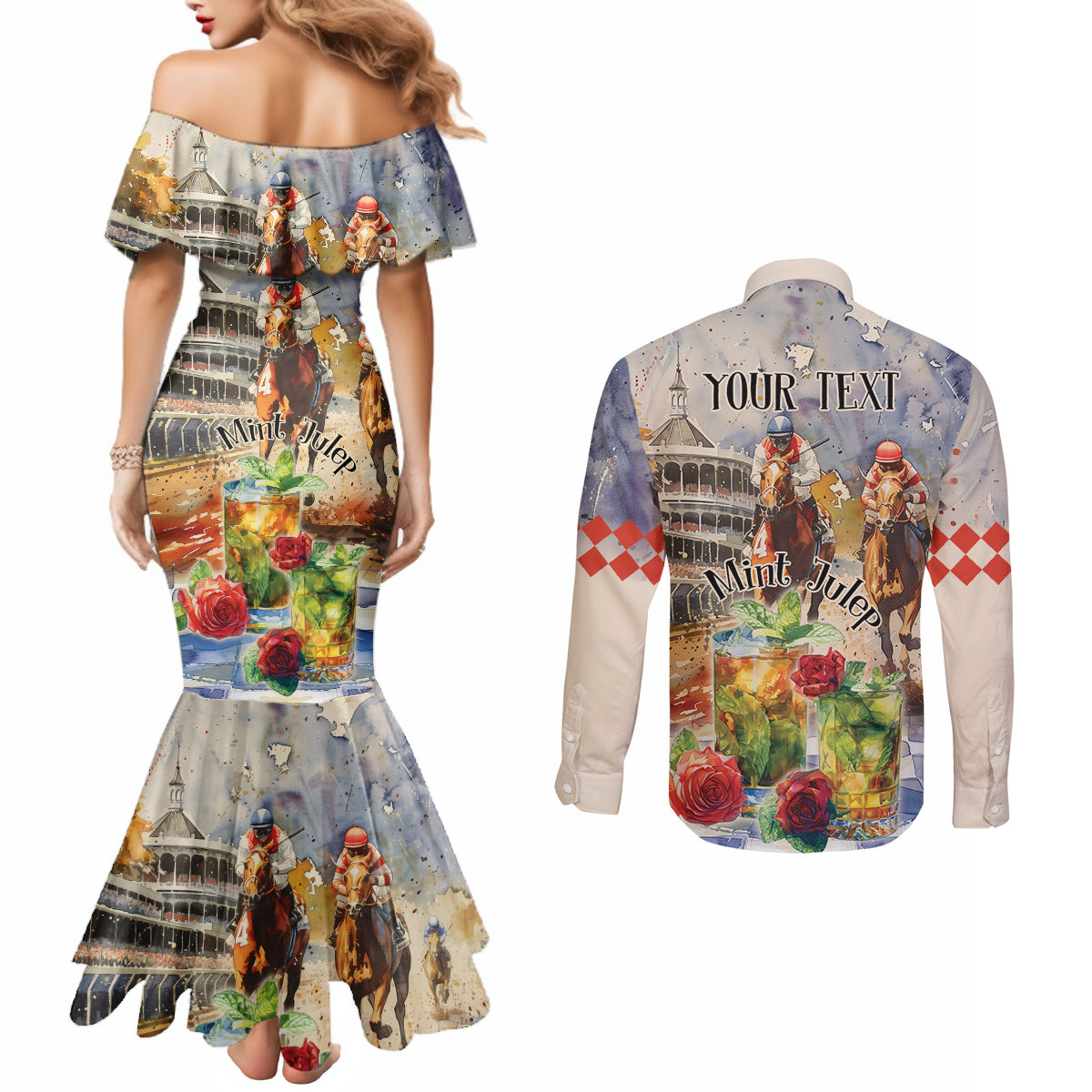 Personalized Kentucky Horse Race Couples Matching Mermaid Dress and Long Sleeve Button Shirt With Mint Julep Cocktail