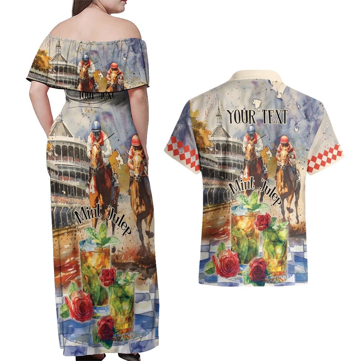 Personalized Kentucky Horse Race Couples Matching Off Shoulder Maxi Dress and Hawaiian Shirt With Mint Julep Cocktail LT9 - Wonder Print Shop