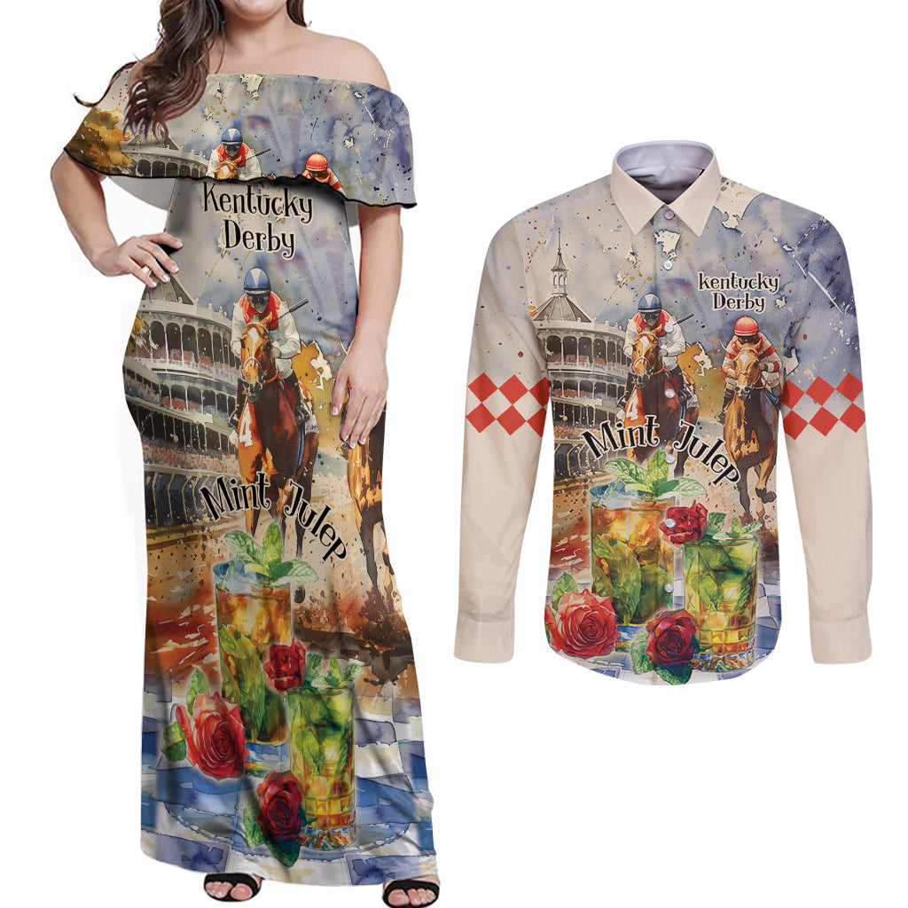 Personalized Kentucky Horse Race Couples Matching Off Shoulder Maxi Dress and Long Sleeve Button Shirt With Mint Julep Cocktail LT9 - Wonder Print Shop