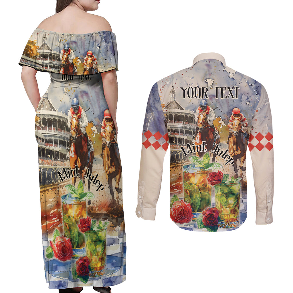 Personalized Kentucky Horse Race Couples Matching Off Shoulder Maxi Dress and Long Sleeve Button Shirt With Mint Julep Cocktail LT9 - Wonder Print Shop